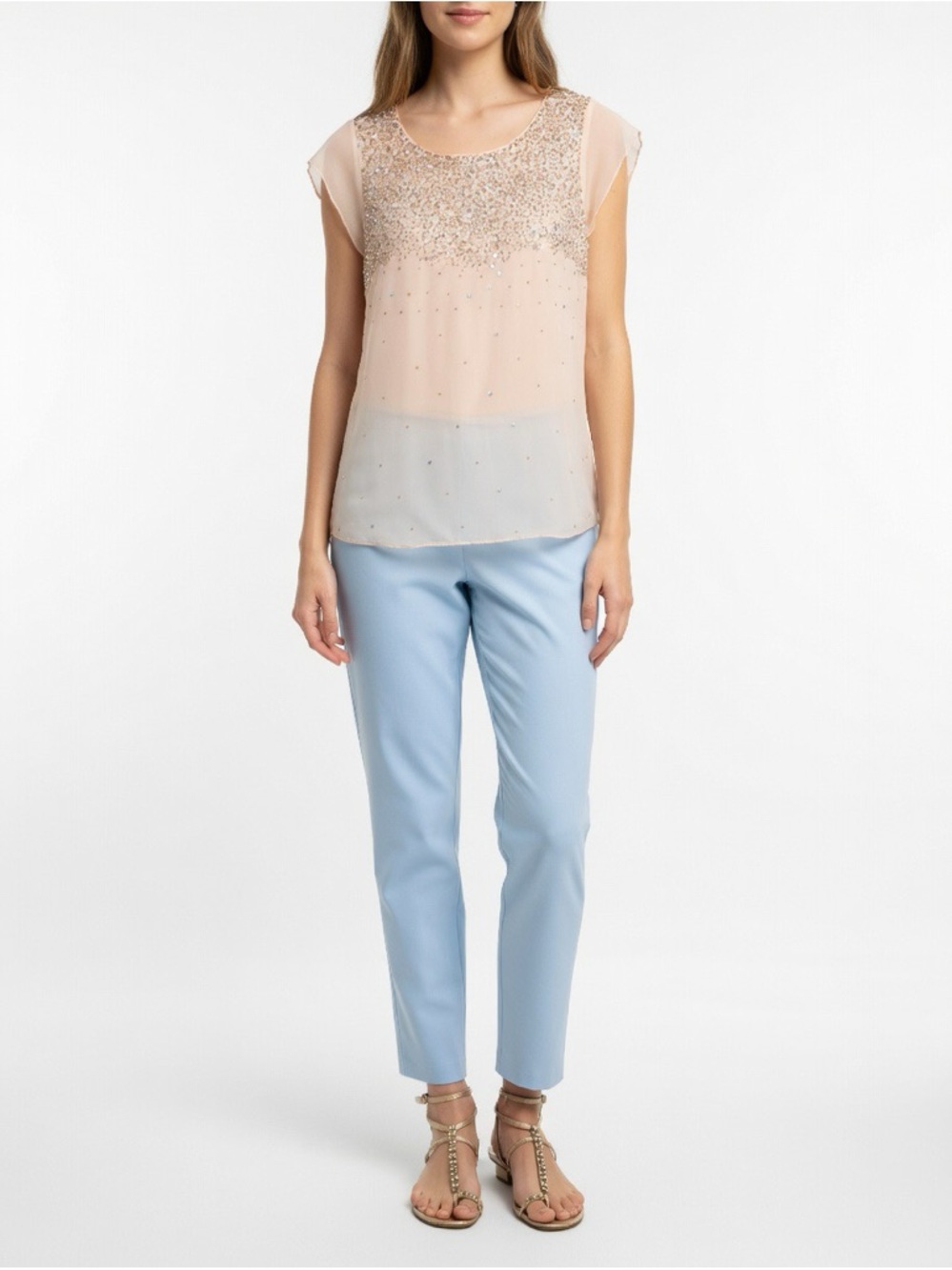 Sabine Blush Peach Sequin Embellished Blouse | NWT | Size M | Sheer Party Top